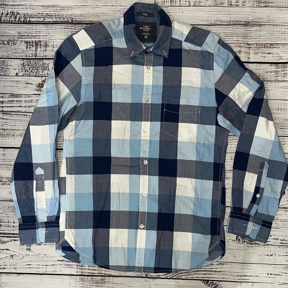 H&M L.O.G.G. Men's Blue and White Plaid Shirt Sz. S
